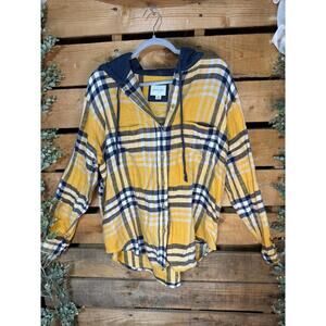American Eagle Yellow Plaid Hooded Button-Up Shirt